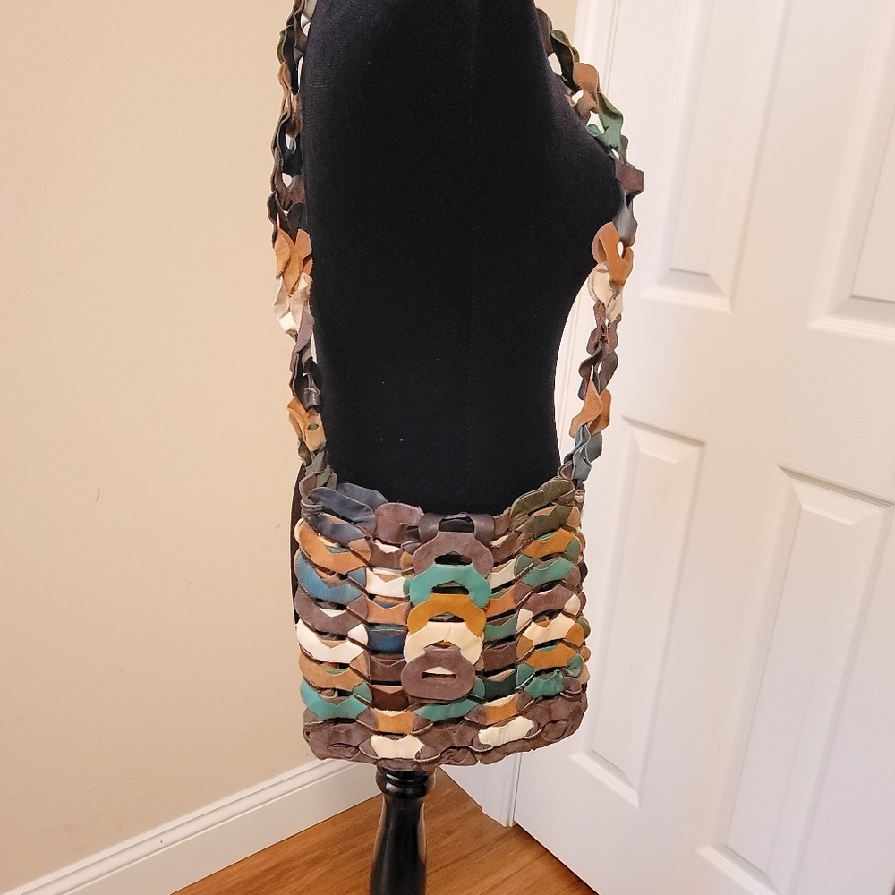Boho Vintage Leather and Suede Multi Color Crossbody Bag - Picture 1 of 8